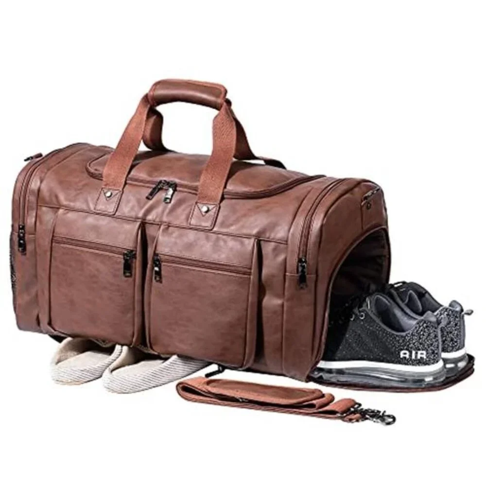 Leather Weekender Travel Bag Carry On Duffel Bag With Shoe Compartment Large